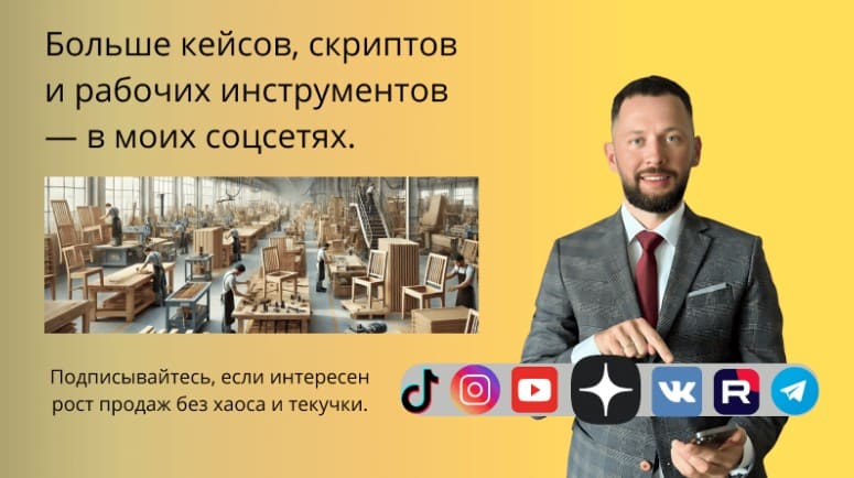 Больше узнать о скриптах по продажи мебели можно в моих социальных сетях и каналах. Больше узнать о скриптах по продажи мебели можно в моих социальных сетях и каналах.
